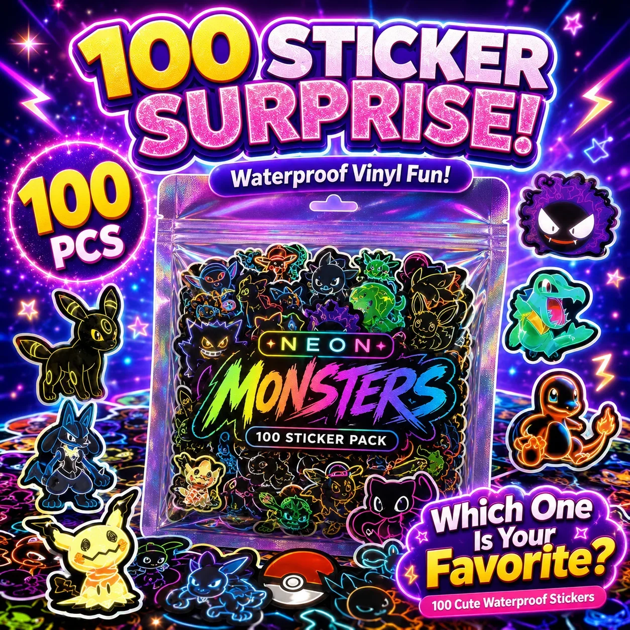 100pcs Neon  Pokémon  Stickers - đánh giá và giá Skateboard